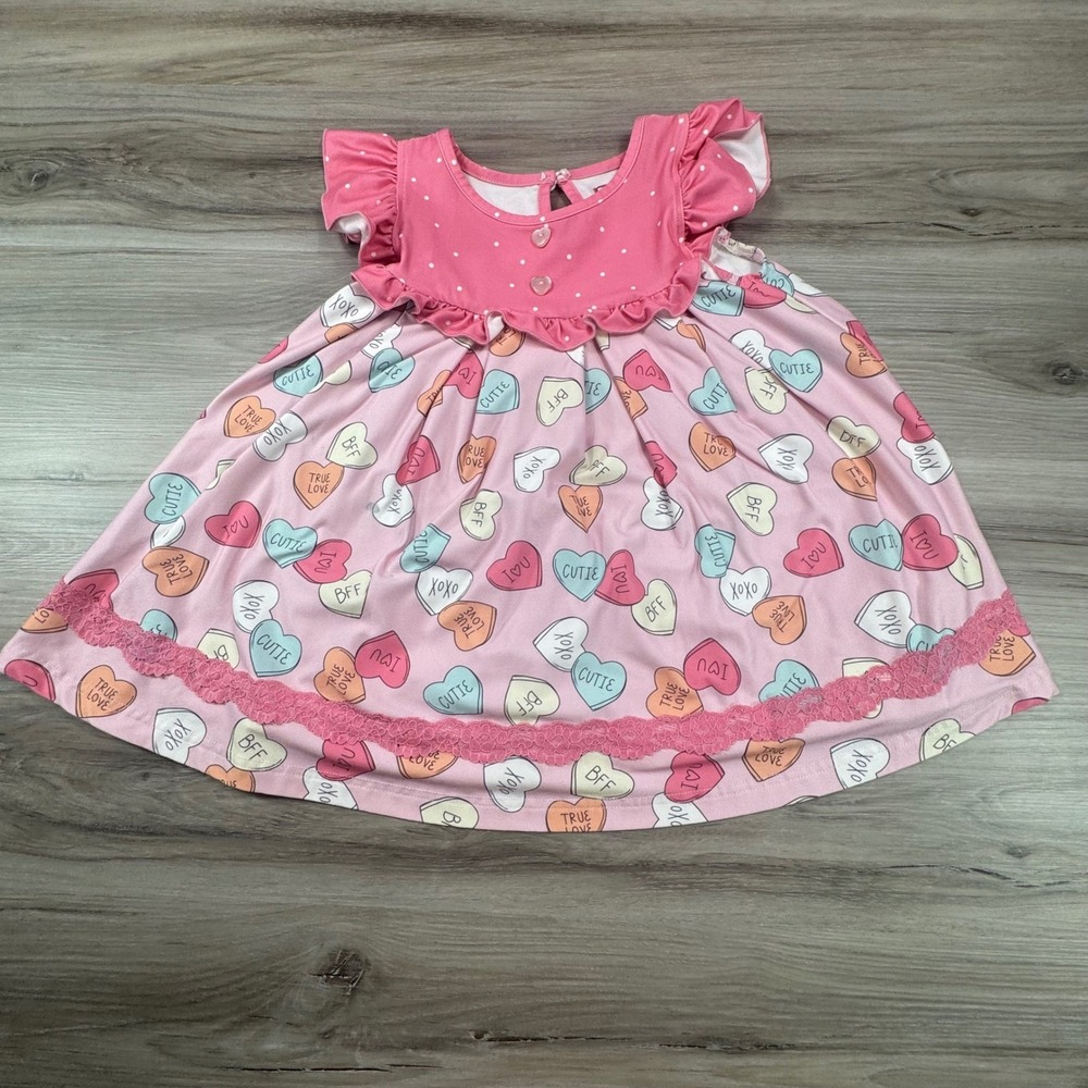 Cheeky Plum Girls Pink Candy Hearts Dress Ruffle Sleeve Size‎ 7Y Valentine day